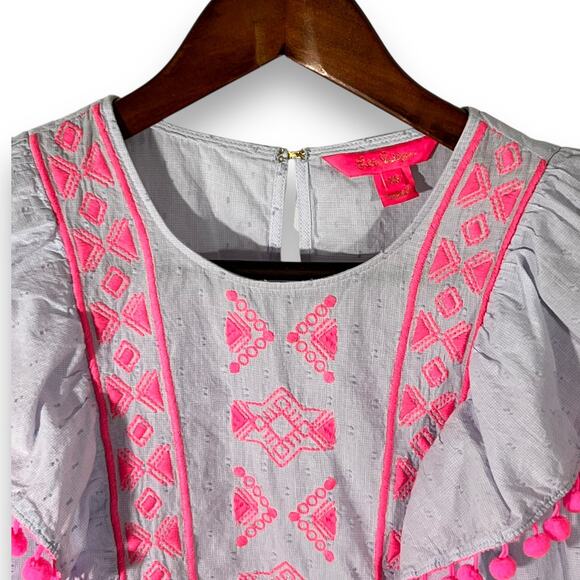 Lilly Pulitzer Embroidered Peplum Top Boho Pom Pom Flutter Sleeve XS - Picture 5 of 12